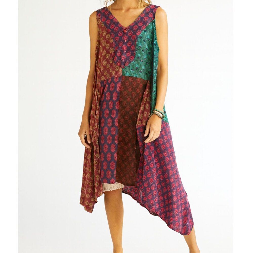 SACRED THREADS patch floral bohemian funky hippy cotton tier DRESS S/M  NWT